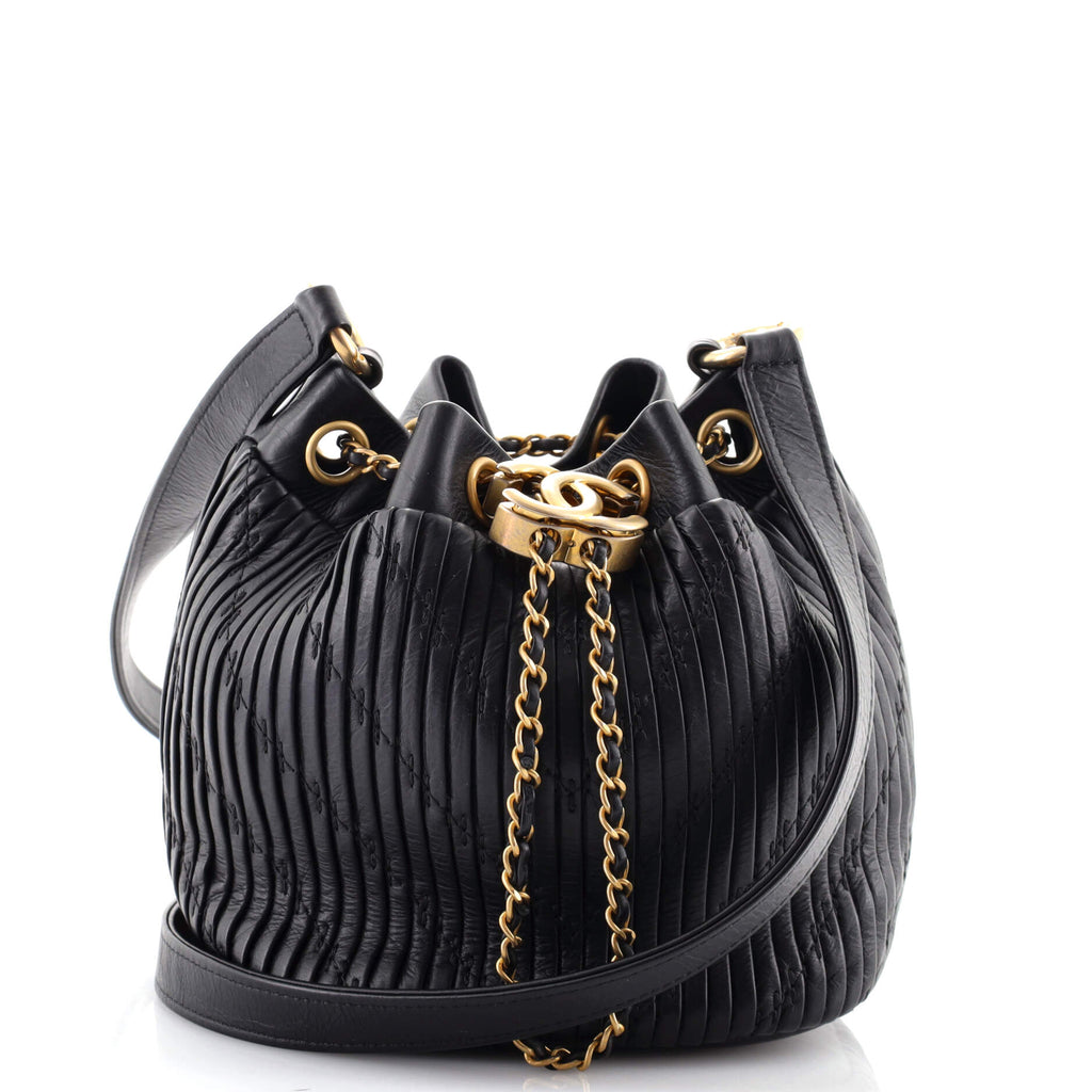 Chanel Coco Pleats Drawstring Bag Pleated Crumpled Calfskin Small Black  138633177