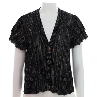 Chanel Women's V-Neck Double Pocket Short Sleeve Cardigan Cotton Blend
