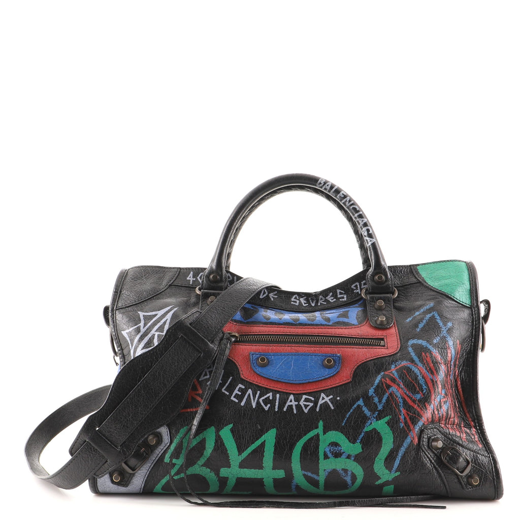 Balenciaga City Graffiti Classic Studs Bag Leather Medium Black
