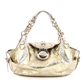 Versace Chain Medusa Shoulder Bag Crinkled Metallic Leather Medium Gold