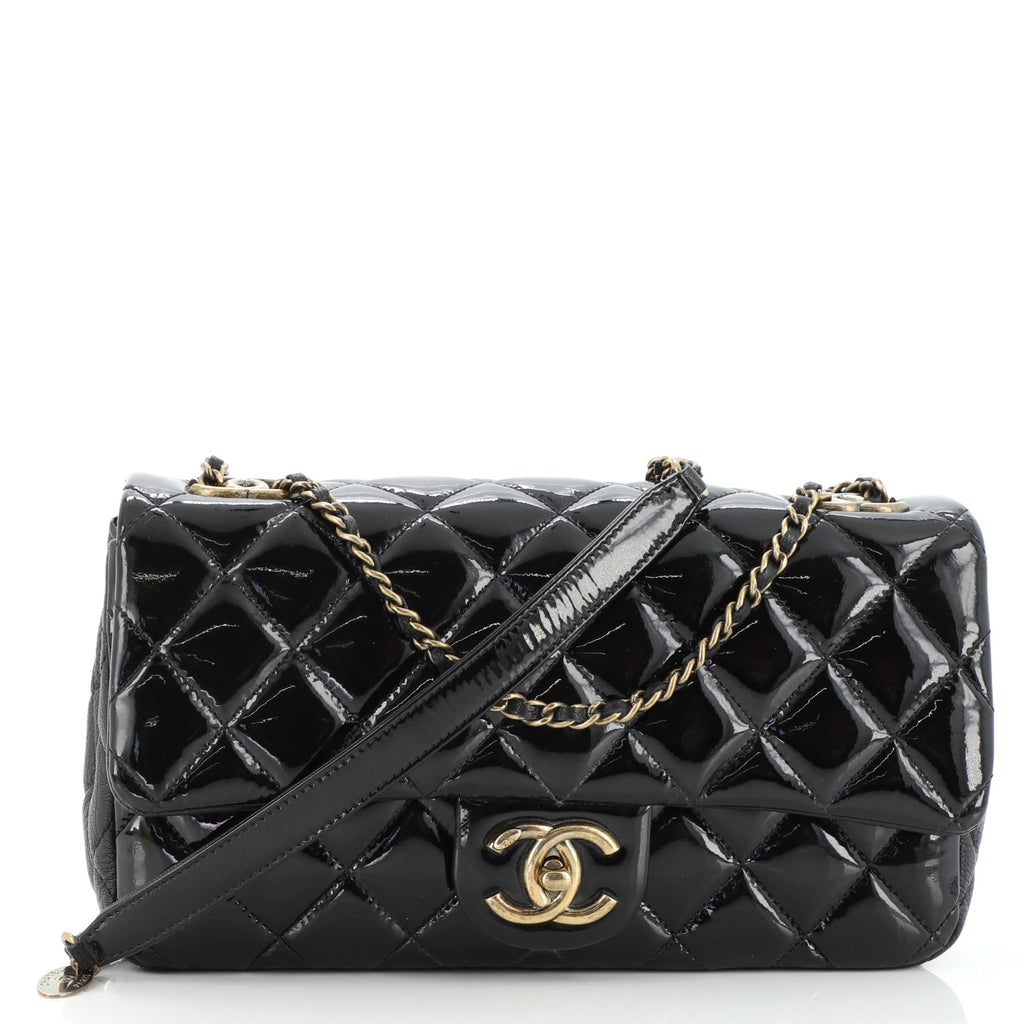 Chanel CC Eyelet Flap Bag Quilted Patent Medium Black 1395922
