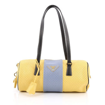 Prada Barrel Bag Perforated Saffiano Leather Medium Blue