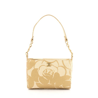 Chanel Camellia Shoulder Bag Printed Raffia Small Beige
