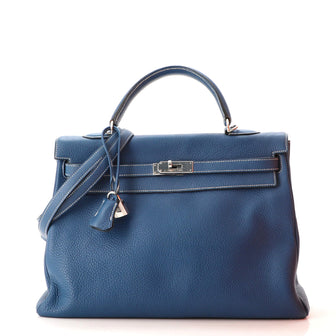 Hermes Kelly e Handbag Blue Clemence with Palladium Hardware