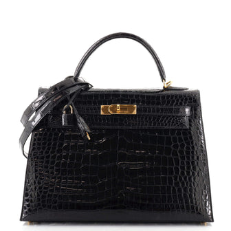 Hermes Kelly Handbag Black Shiny Porosus Crocodile with Gold Hardware 32