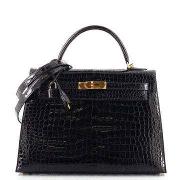 Hermes Kelly Handbag Black Shiny Porosus Crocodile with Gold Hardware 32