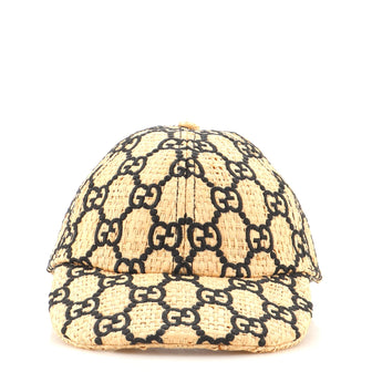 Gucci Baseball Cap GG Embroidered Woven Raffia with Snakeskin Detail