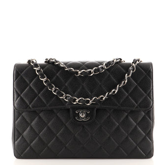 Chanel Vintage Square Classic Single Flap Bag Quilted Caviar Jumbo
