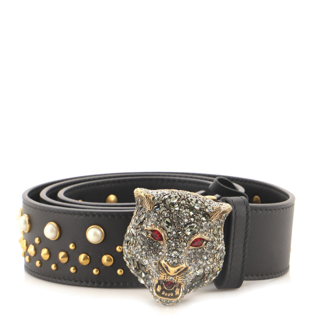 Gucci Studded Feline Head Leather Bracelet in Black