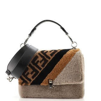 Fendi Kan I Logo Shoulder Bag Printed Shearling with Zucca Detail Medium