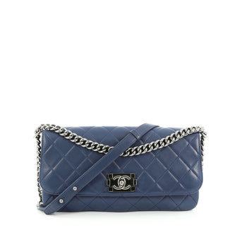 Chanel Boy Messenger Bag Quilted Calfskin Large Blue