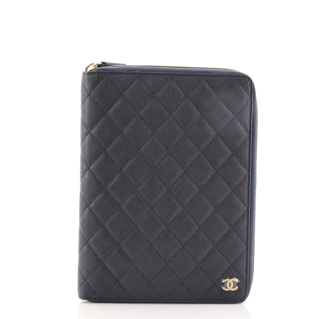 Chanel Zip Around Notebook Agenda Cover Quilted Caviar Large Blue