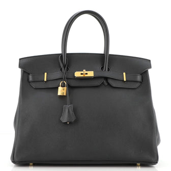 Hermes Birkin Handbag Black Evergrain with Gold Hardware 35