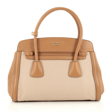 Prada Cuir Frame Convertible Tote Canvas and Saffiano Leather Small Brown