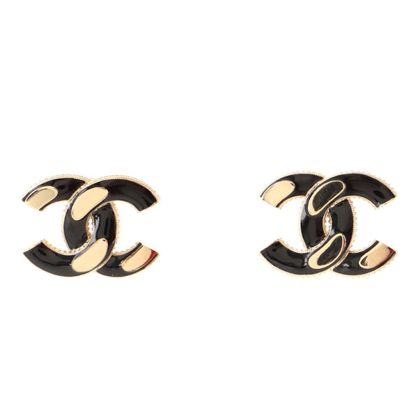 Chanel CC Two-Tone Stud Earrings Metal and Enamel Black 1409851