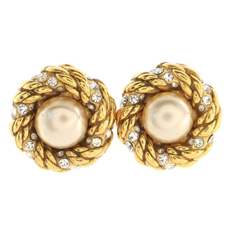 Chanel Vintage Round Clip-On Earring Earrings Metal with Crystals and Faux Pearls