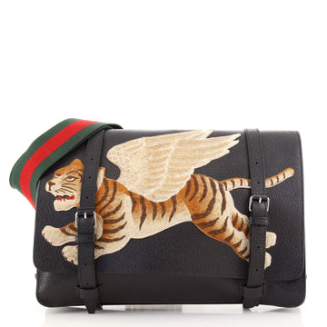 Gucci Double Buckle Messenger Bag	 Embroidered Leather Large