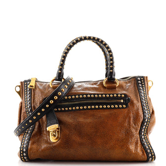 Prada Front Press Lock Pocket Satchel Studded Craquele Leather Large