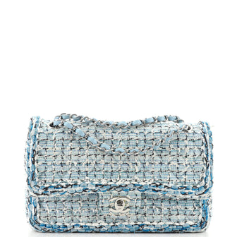 Chanel Classic Double Flap Bag Braided Quilted Tweed Medium Blue