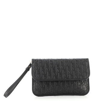 Christian Dior Wristlet Flap Clutch Oblique Embossed Calfskin