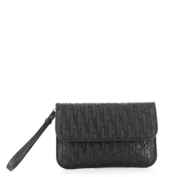 Christian Dior Wristlet Flap Clutch Oblique Embossed Calfskin