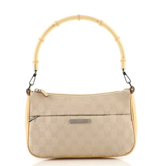Gucci Vintage Bamboo Handle Zip Baguette Hobo GG Canvas Medium