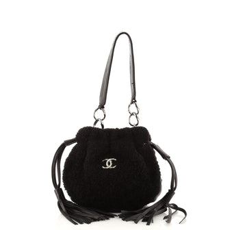 Chanel Vintage Chocolate Bar Drawstring Bucket Bag Shearling with Leather Medium