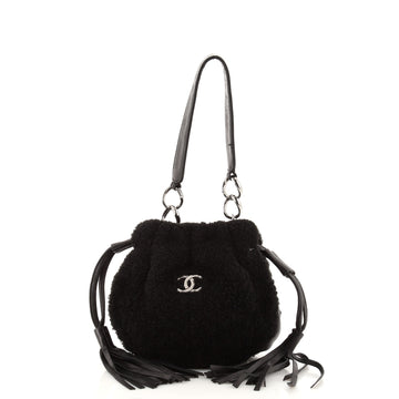 Chanel Vintage Chocolate Bar Drawstring Bucket Bag Shearling with Leather Medium