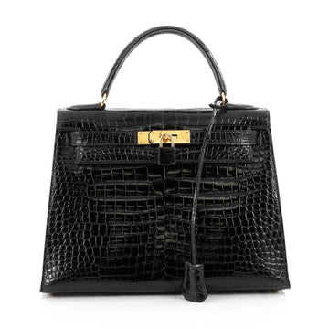 Hermes Kelly Handbag Black Crocodile Porosus with Gold Hardware 28 Black