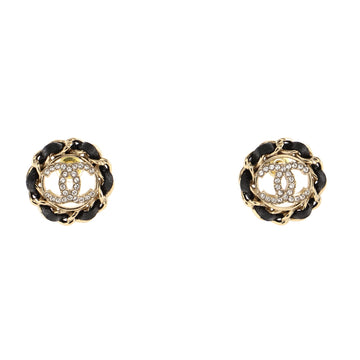 Chanel Chain Around CC Stud Earrings Metal with Leather and Crystals