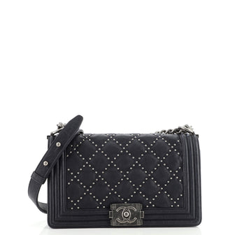 Chanel Boy Flap Bag Studded Quilted Distressed Calfskin Old Medium