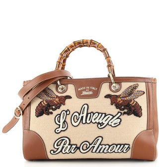 Gucci Bamboo Web Shopper Tote Embroidered Cross Stitch Canvas Medium