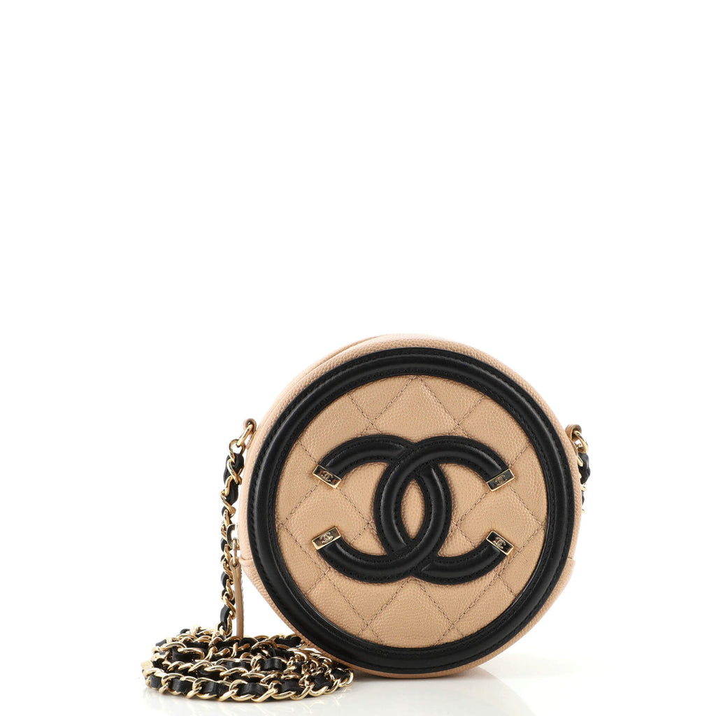 Chanel Black Caviar Filigree Round Clutch w/ Chain Mini