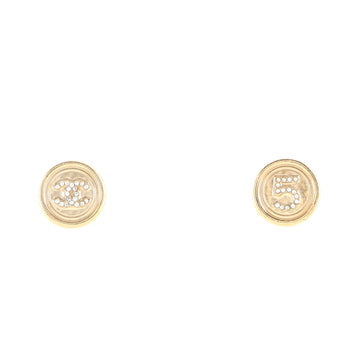 Chanel CC No.5 Round Button Stud Earrings Metal with Crystals