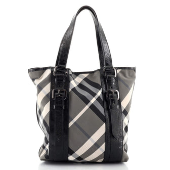 Burberry Victoria Tote Beat Check Nylon with Patent Leather Small