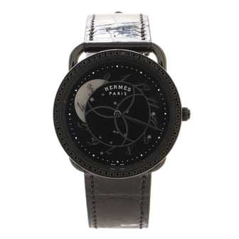 Hermes Arceau Ronde des Heures Quartz Watch PVD Stainless Steel and Alligator with Black Diamond Bezel and Mother of Pearl 36