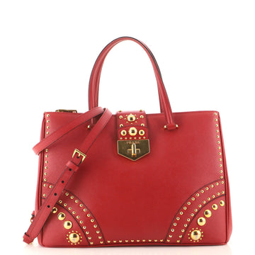 Prada Turnlock Double Zip Tote Studded Saffiano Leather Medium