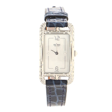 Hermes Nantucket Quartz Watch Stainless Steel and Alligator with Diamond Bezel and Markers and Mother of Pearl 20