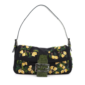 Fendi Baguette Floral Applique with snakeskin Medium black