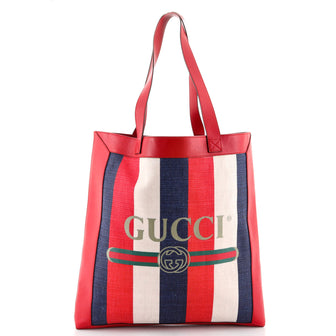 Gucci Logo Tote Striped Canvas and Leather Medium