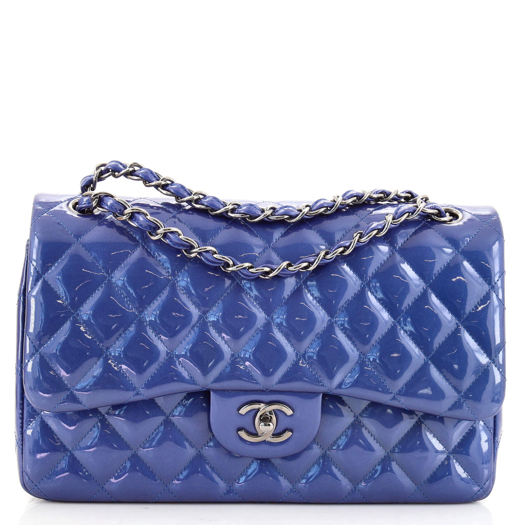 Chanel Classic Double Flap Bag Quilted Patent Jumbo Blue 1425731