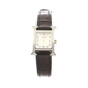 Hermes Heure H Quartz Watch Stainless Steel and Alligator with Diamond Bezel and Mother of Pearl 17