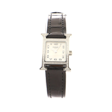 Hermes Heure H Quartz Watch Stainless Steel and Alligator with Diamond Bezel and Mother of Pearl 17