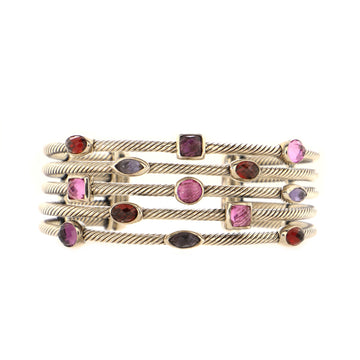 David Yurman Five Row Confetti Cable Cuff Bracelet Sterling Silver with Amethysts, Garnets, Iolites and Tourmaline