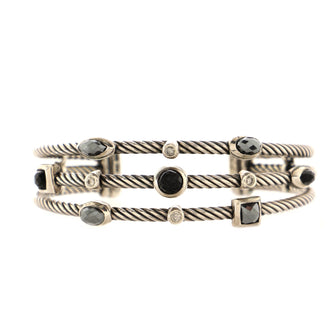 David Yurman Three Row Confetti Cable Cuff Bracelet Sterling Silver with Onyx, Hematite and Diamonds