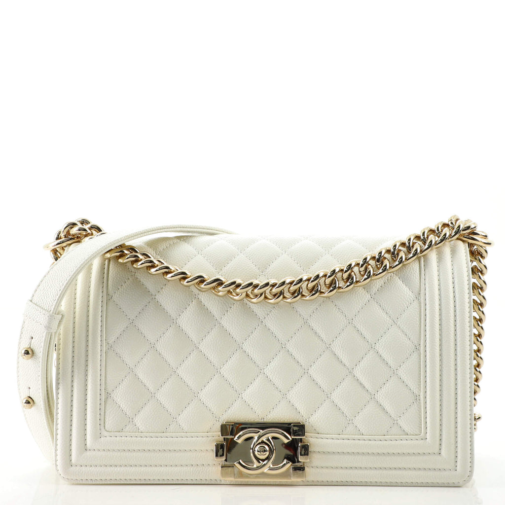 Chanel Boy Flap Bag Quilted Caviar Old Medium White 1430691