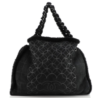 Chanel Vintage Embroidered CC Chain Tote Quilted Suede and Shearling