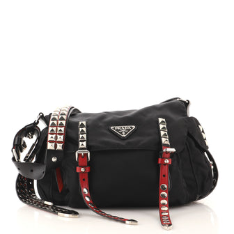 Prada New Vela Flap Messenger Bag Tessuto with Studded Leather Medium