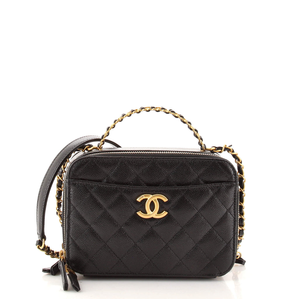 Chanel Pick Me Up Logo Handle Vanity Case with Chain Quilted Caviar Small