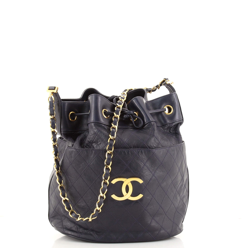 Chanel Vintage Diamond Stitch Drawstring Bucket Bag Quilted Lambskin Blue  14327215